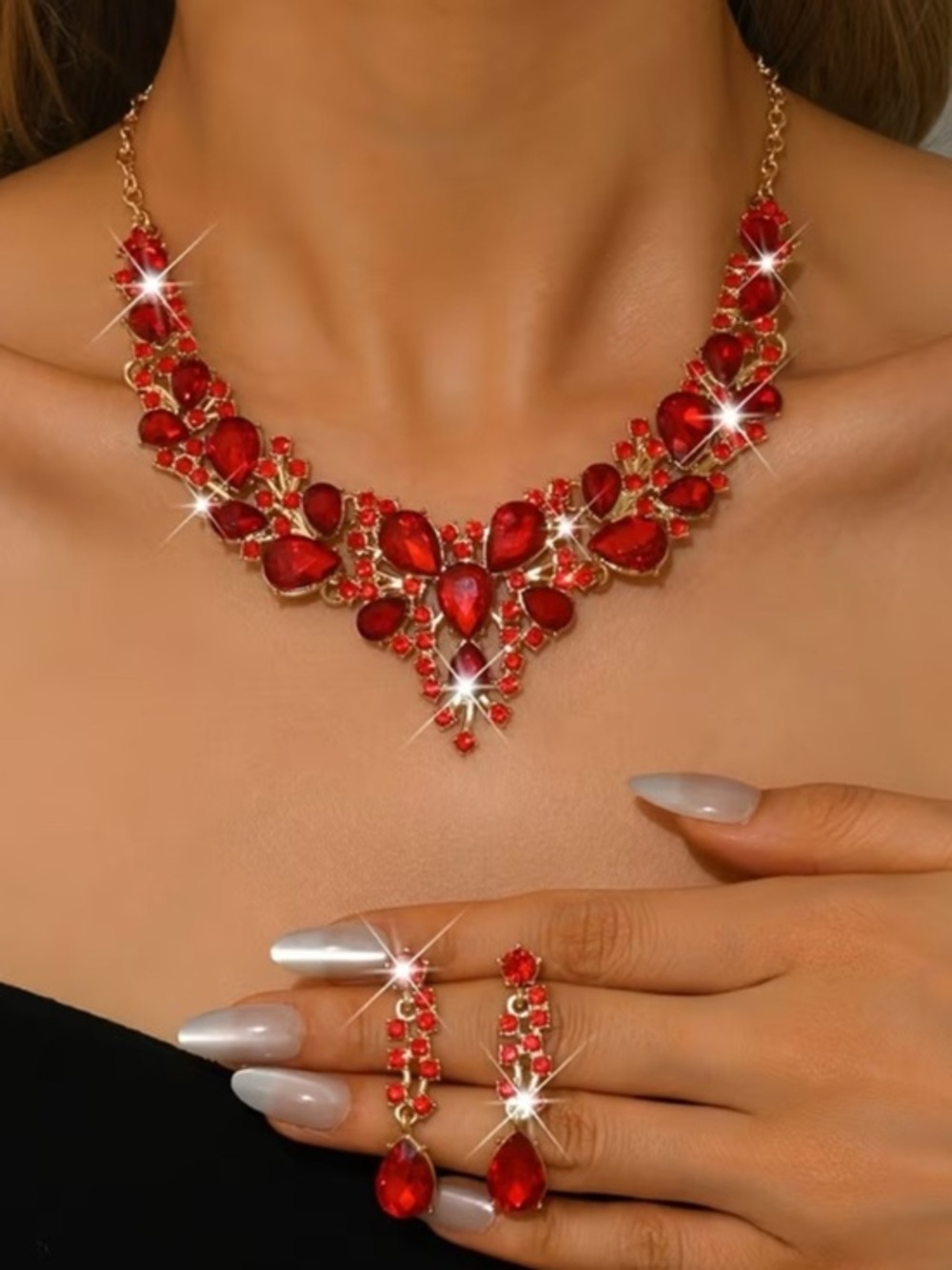 Gold-Tone Red Crystal Statement Necklace with Matching Earrings